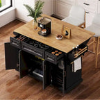 54 Large Kitchen Island with Rubber Wood Drop Leaf, Embossed Texture Rolling Kitchen Cart on 4 Wheels with 4 Doors & 3 Drawers