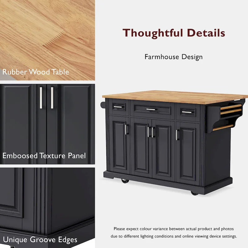 54 Large Kitchen Island with Rubber Wood Drop Leaf, Embossed Texture Rolling Kitchen Cart on 4 Wheels with 4 Doors & 3 Drawers