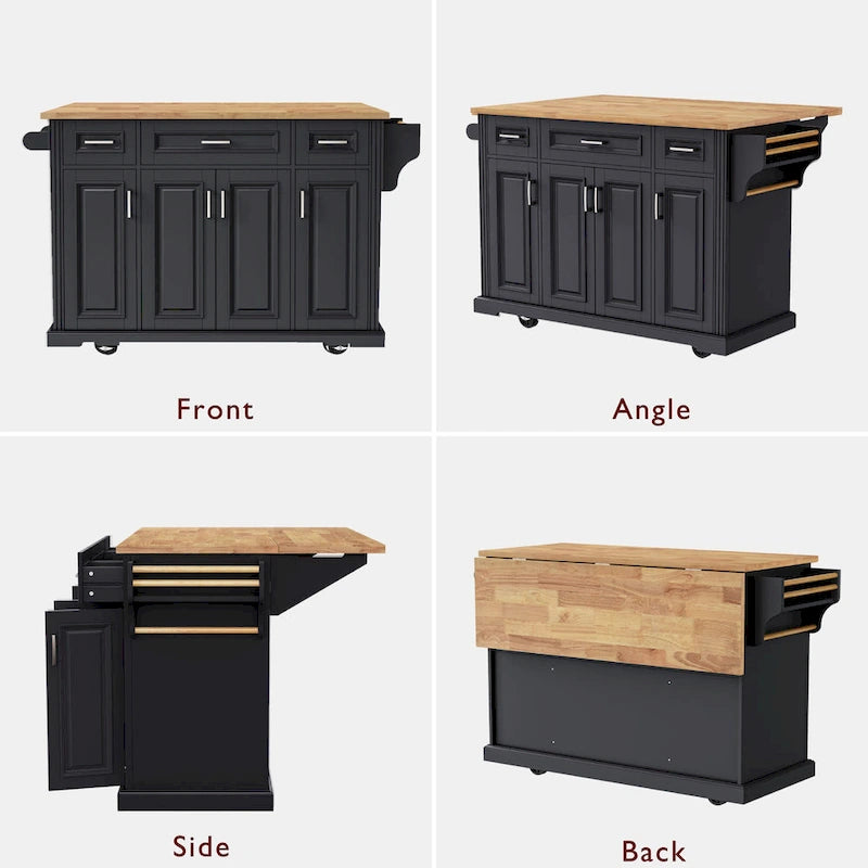 54 Large Kitchen Island with Rubber Wood Drop Leaf, Embossed Texture Rolling Kitchen Cart on 4 Wheels with 4 Doors & 3 Drawers