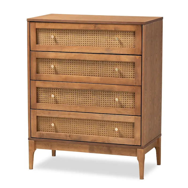 Mid-Century Rubberwood and Rattan 4-Drawer Chest with Metal Knobs