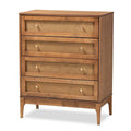Mid-Century Rubberwood and Rattan 4-Drawer Chest with Metal Knobs