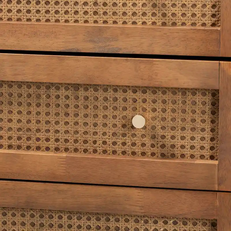 Mid-Century Rubberwood and Rattan 4-Drawer Chest with Metal Knobs