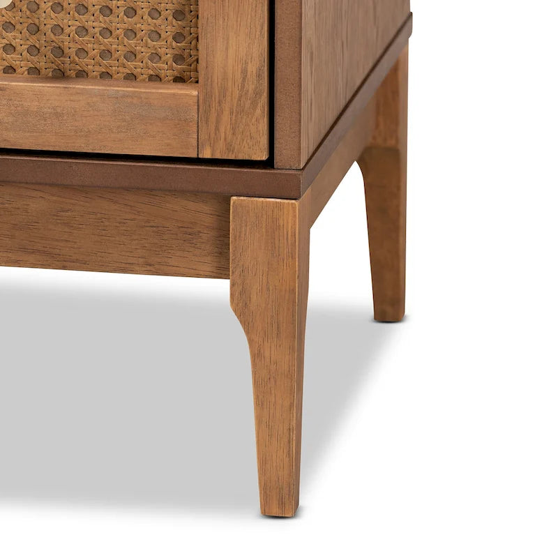 Mid-Century Rubberwood and Rattan 4-Drawer Chest with Metal Knobs