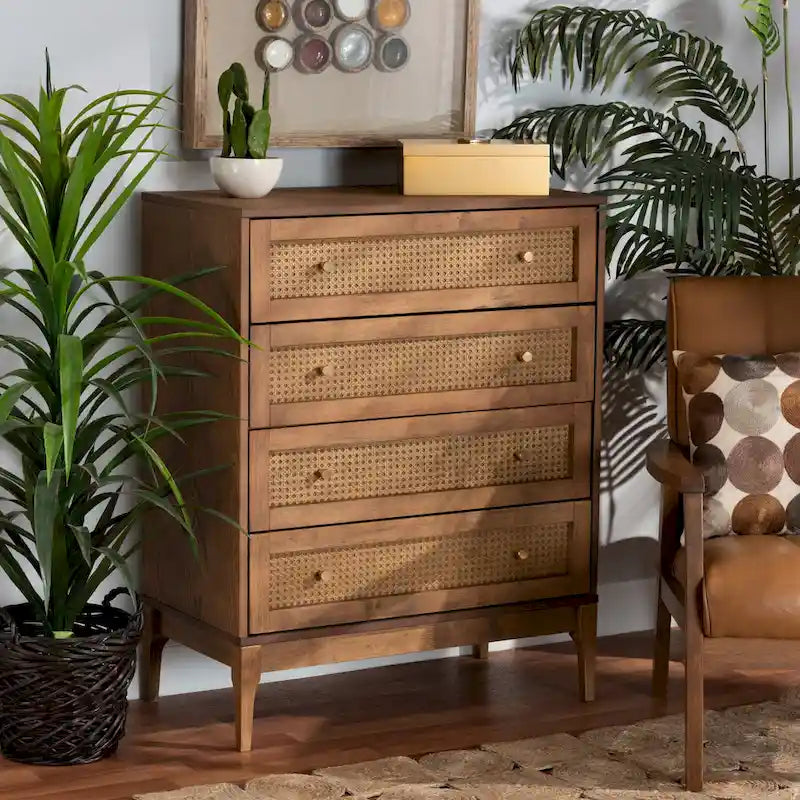 Mid-Century Rubberwood and Rattan 4-Drawer Chest with Metal Knobs