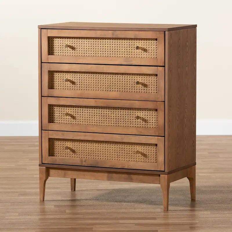 Mid-Century Rubberwood and Rattan 4-Drawer Chest with Metal Knobs