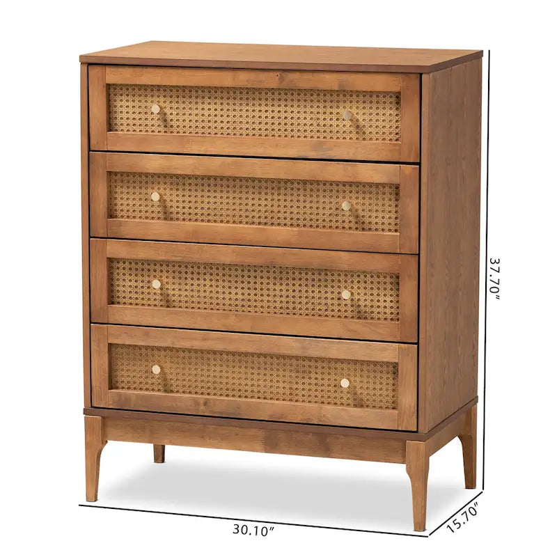 Mid-Century Rubberwood and Rattan 4-Drawer Chest with Metal Knobs