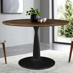 Mesa de Jantar Redonda com Acabamento em Nogueira e Base de Pedestal em Metal