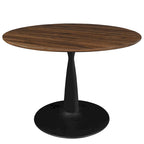 Mesa de Jantar Redonda com Acabamento em Nogueira e Base de Pedestal em Metal