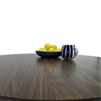 Mesa de Jantar Redonda com Acabamento em Nogueira e Base de Pedestal em Metal