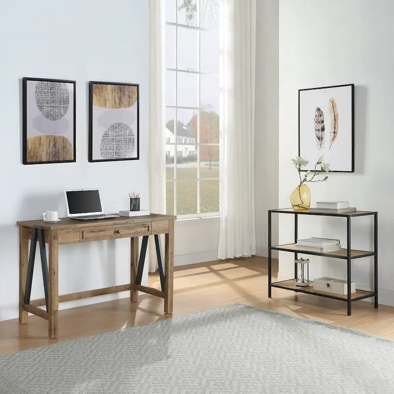 Industrial Trestle Writing Desk with USB Ports and AC Outlets Salvage Oak