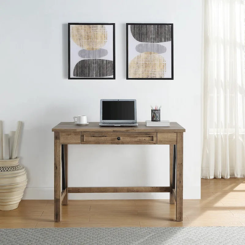 Industrial Trestle Writing Desk with USB Ports and AC Outlets Salvage Oak