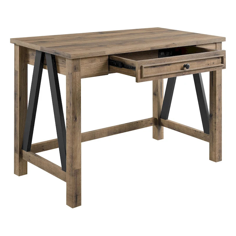Industrial Trestle Writing Desk with USB Ports and AC Outlets Salvage Oak