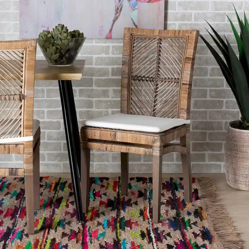 Modern Bohemian Rattan/ Mahogany Wood Dining Chair with Cushion