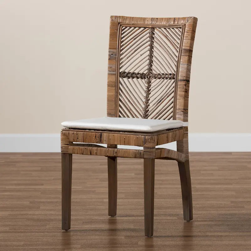Modern Bohemian Rattan/ Mahogany Wood Dining Chair with Cushion