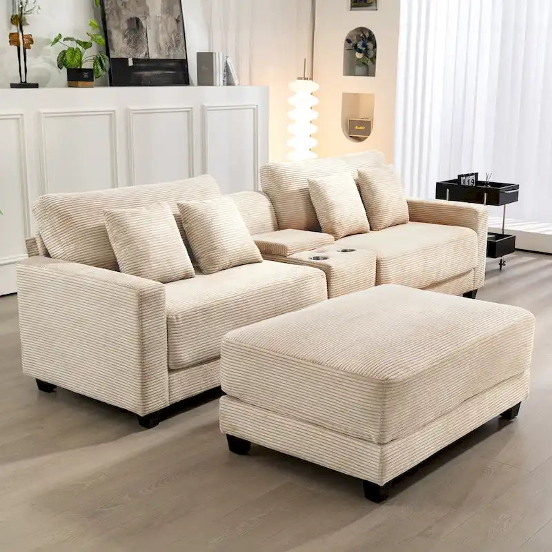 Oversized Corduroy Ottoman with Taper Legs for Living Room