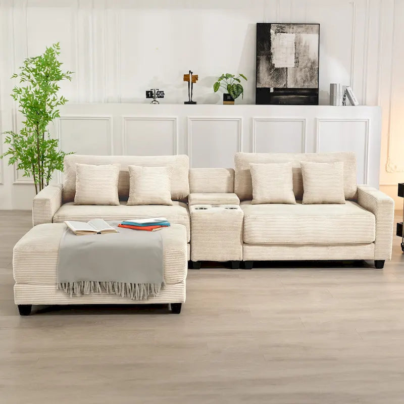 Oversized Corduroy Ottoman with Taper Legs for Living Room