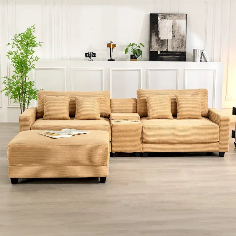 Oversized Corduroy Ottoman with Taper Legs for Living Room